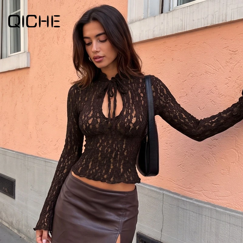 QICHE Women Lace Sheer Slim‑Fit Top Crew‑Neck Long‑Sleeve With Tie‑Detail Casual Blouse