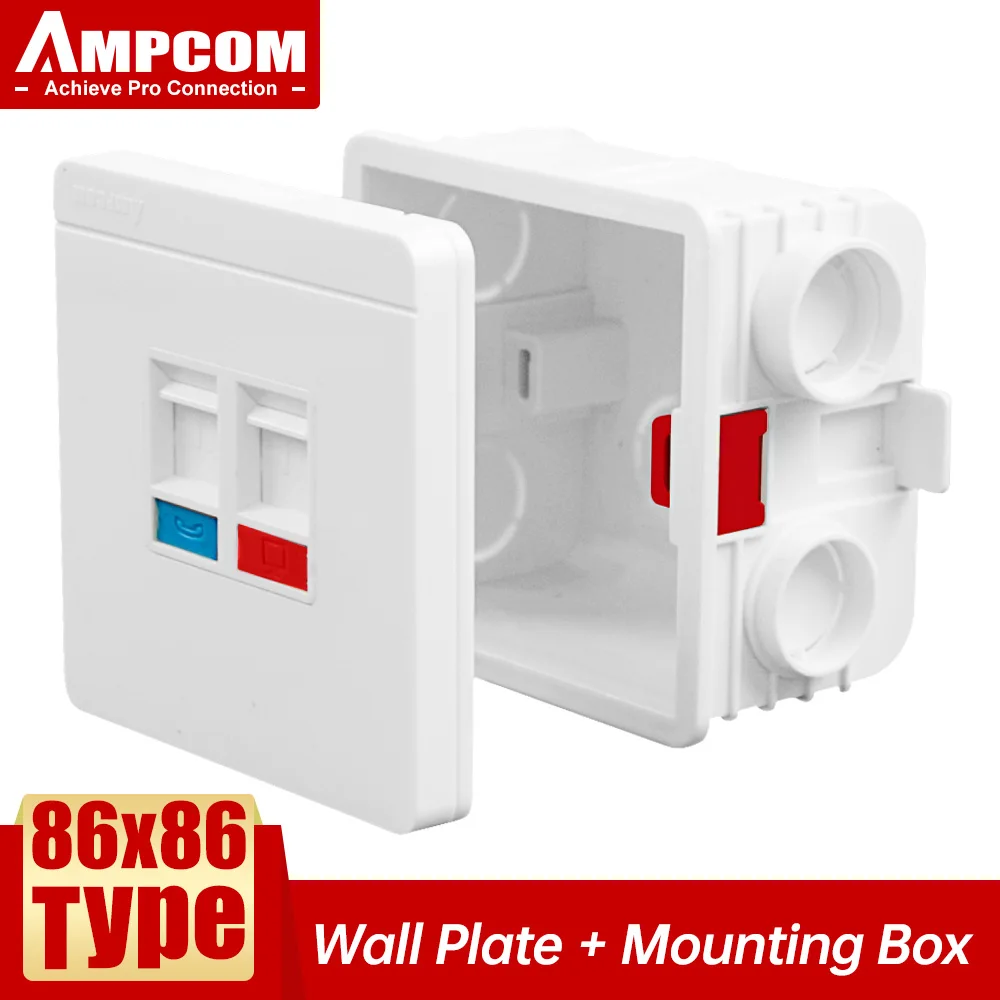 AMPCOM 86-type Wall Faceplate With Mounting Junction Box , Networking Telephone Socket Outlet Mount Panel For RJ45 RJ11 Module