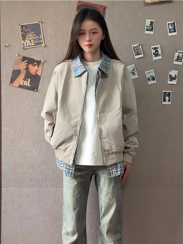 

Куртка Cleanfit с клетчатым воротником, свободная повседневная универсальная верхняя одежда для мужчин и женщин, в стиле ретро, американский молодежный тренд