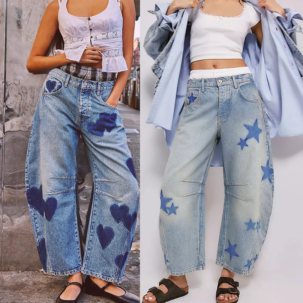 Jeans Streetwear Love Printing Cross Pants Mid Waist Vintage Denims Pockets Casual Women Autumn Denim Ankle Length Trousers