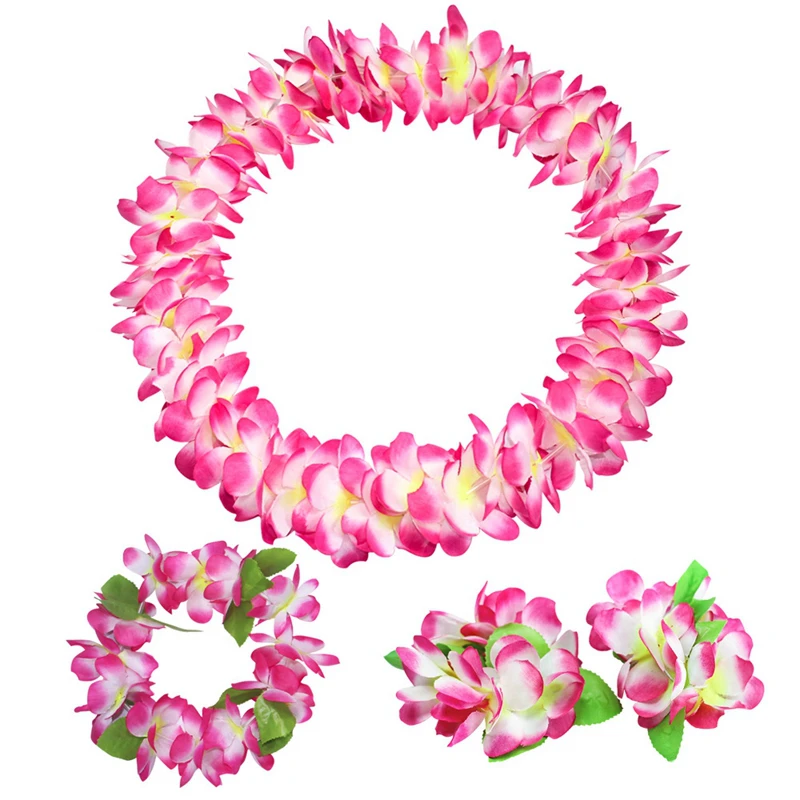 4Pcs Hawaiian Leis Garland with Bracelets For Luau Summer Tropical Birthday Party Decoration Artificial Flower Wreath Necklace