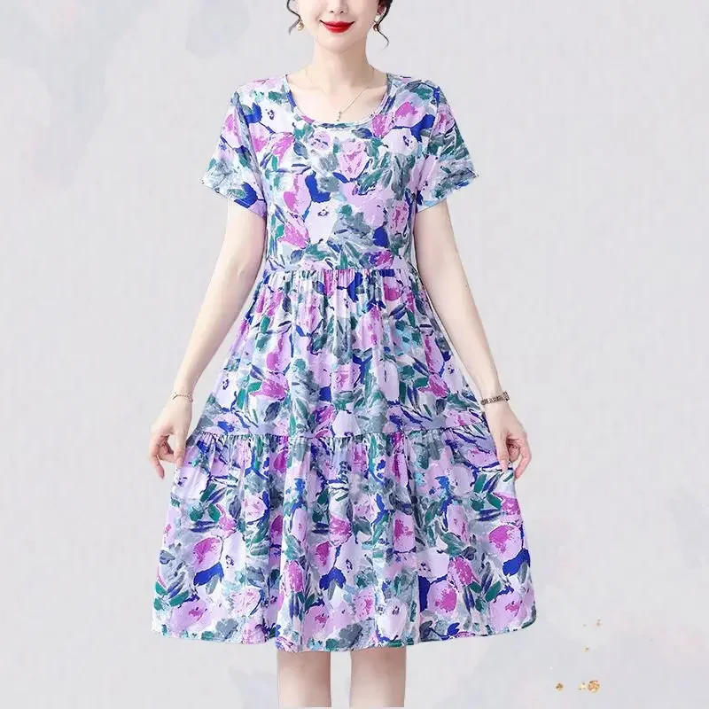 Floral Boho Beach Dresses for Women Flower Midi Short Sleeve Woman Dress Kpop Elegant Chic Pretty Elastic Vintage Clothing Party
