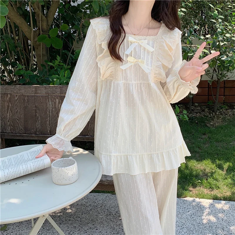 Lace Cotton Pink Cute Summer Long Sleeve Pajama Set Women Girlish Style Princess Sleepwear Solid Elegant Casual Simple Sleep Top