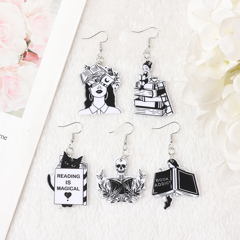 1Pair Fashion Magic Books Woman Dangle Earrings Acrylic Skeleton Woman Loves Books Drop Earrings for Girl Birthday Gift