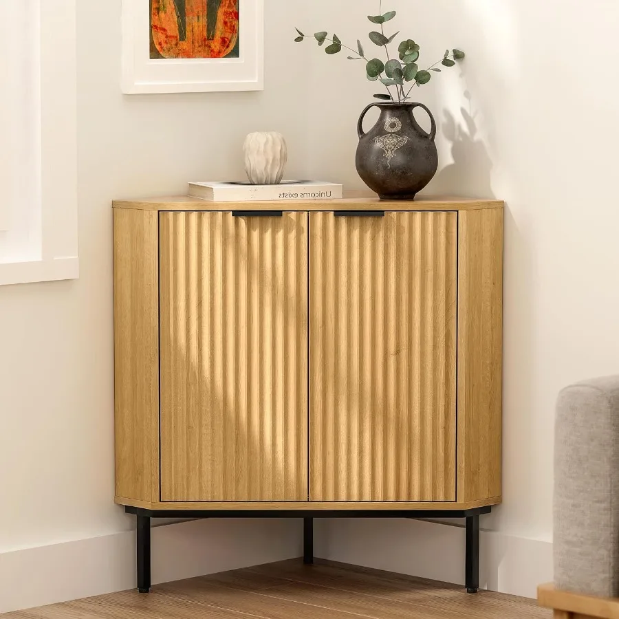 Modern Corner Cabinet Fluted Small Floor Storage Cabinet with Adjustable Shelf Freestanding rrow Organizer for Living Room Kitc
