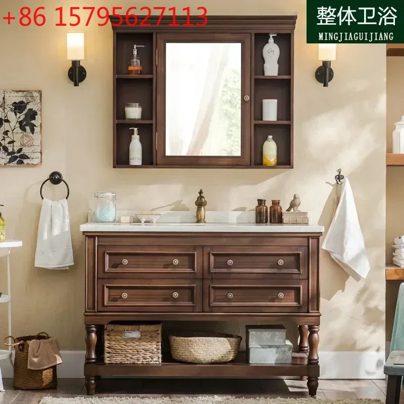

newBathroom Stone Plate American Oak Bathroom Cabinet Floor Wash Basin Solid Wood Washstand