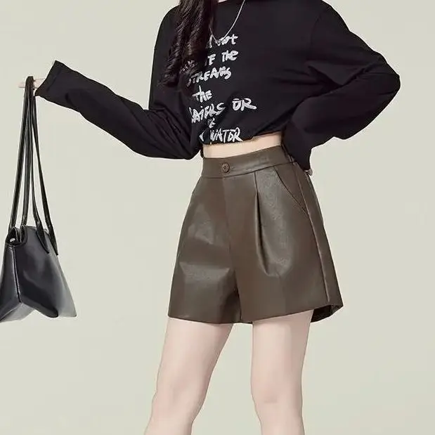 Autumn Winter New Maillard Color Leather Shorts Women'S High Waist Korean Style A-Line Loose Wide Leg Pants Boot Pants