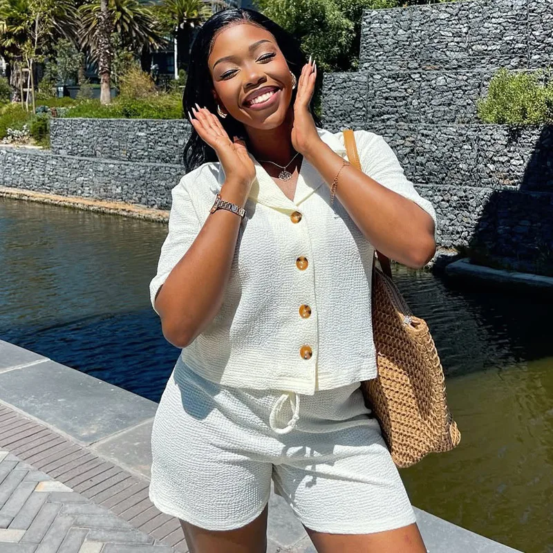 Verão 2025 novo conjunto feminino camisa de manga curta shorts casual conjunto de duas peças conjuntos feminino elegante