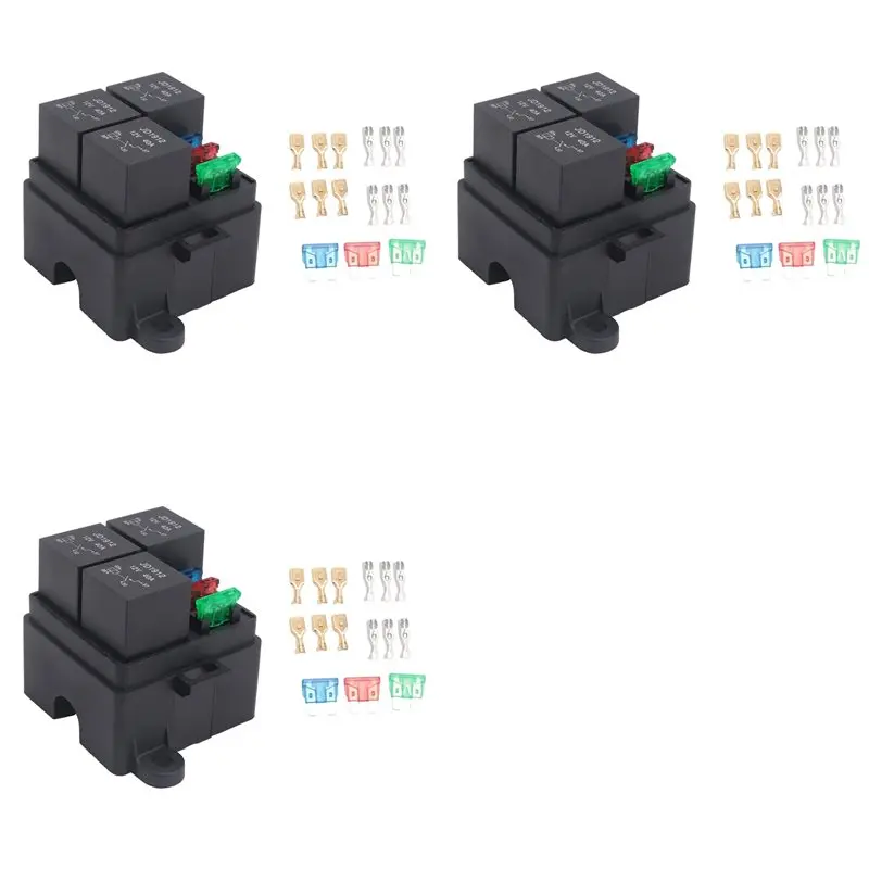 ABVS 3X 3 Way 4Pin Fuse Holder Relay Holder Circuit Standard ATO Blade Fuse Relay Holder 12V 40A Relay