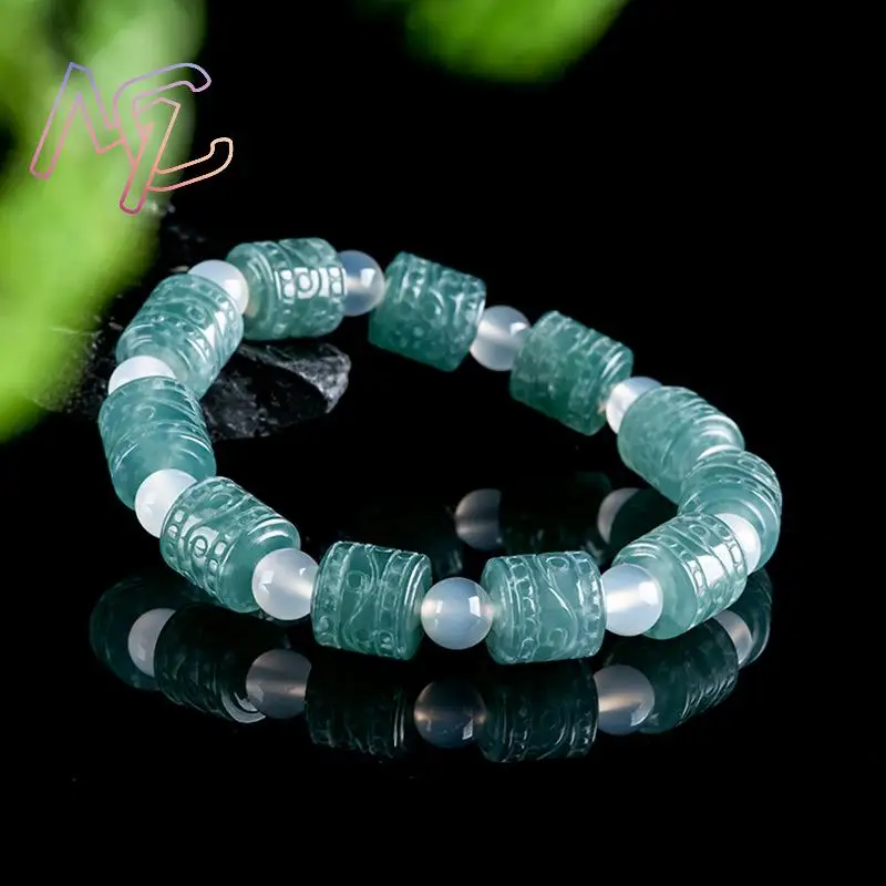 Blue Myanmar Jadeite Beads Bracelet Natural Burmese Jade Vintage Luxury Fashion Accessories Bangle Carved Gemstone Charm Amulet