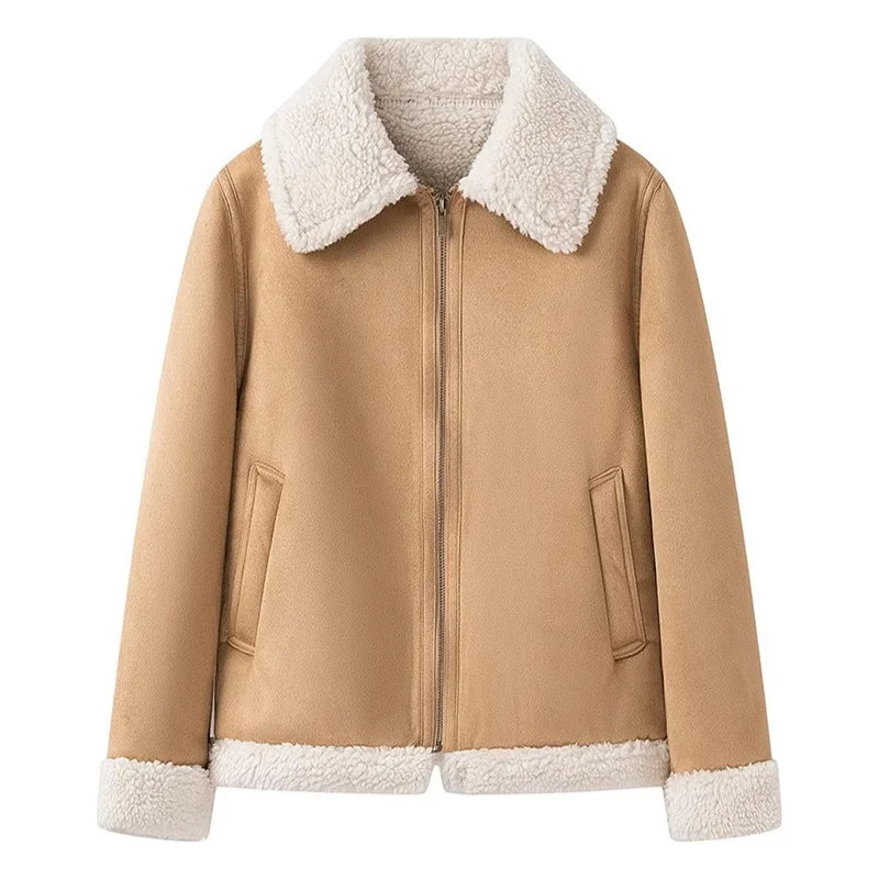 

Новая зимняя куртка из искусственного флиса ягненка, повседневная куртка на молнии в американском стиле ретро, женское теплое короткое пальто с лацканами, Sobretudo Feminino
