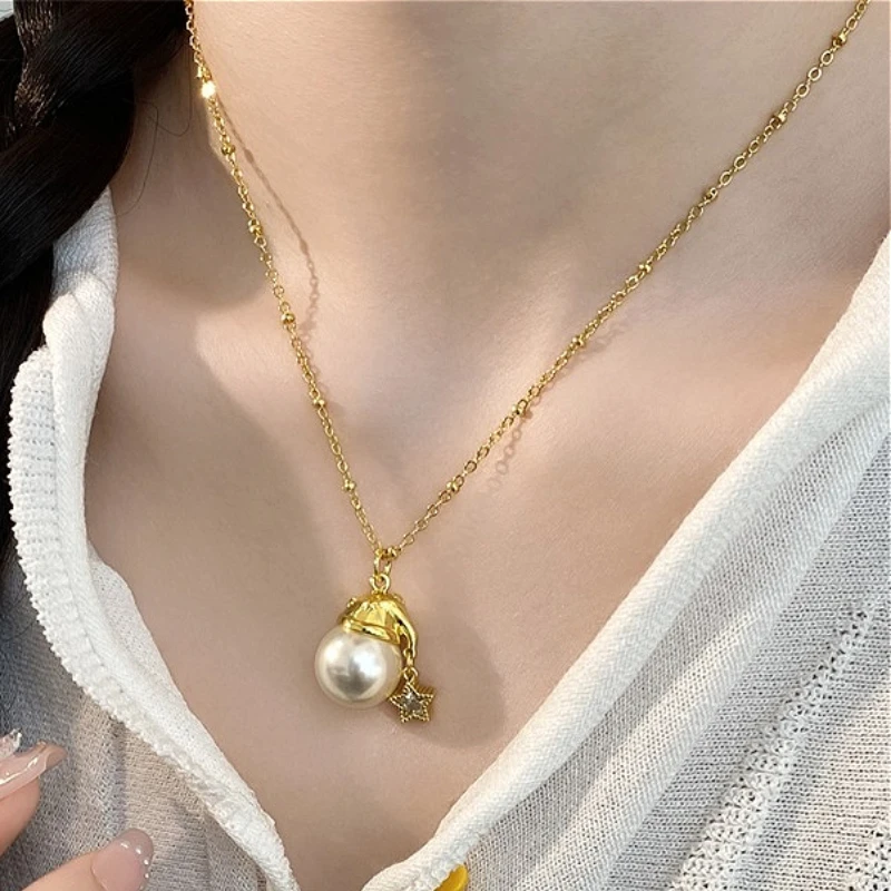 

S925 Sterling Silver Star Bell Pendant Pearl Christmas Hat Necklaces for Women Fine Jewelry Light Luxury Minimalist Accessories