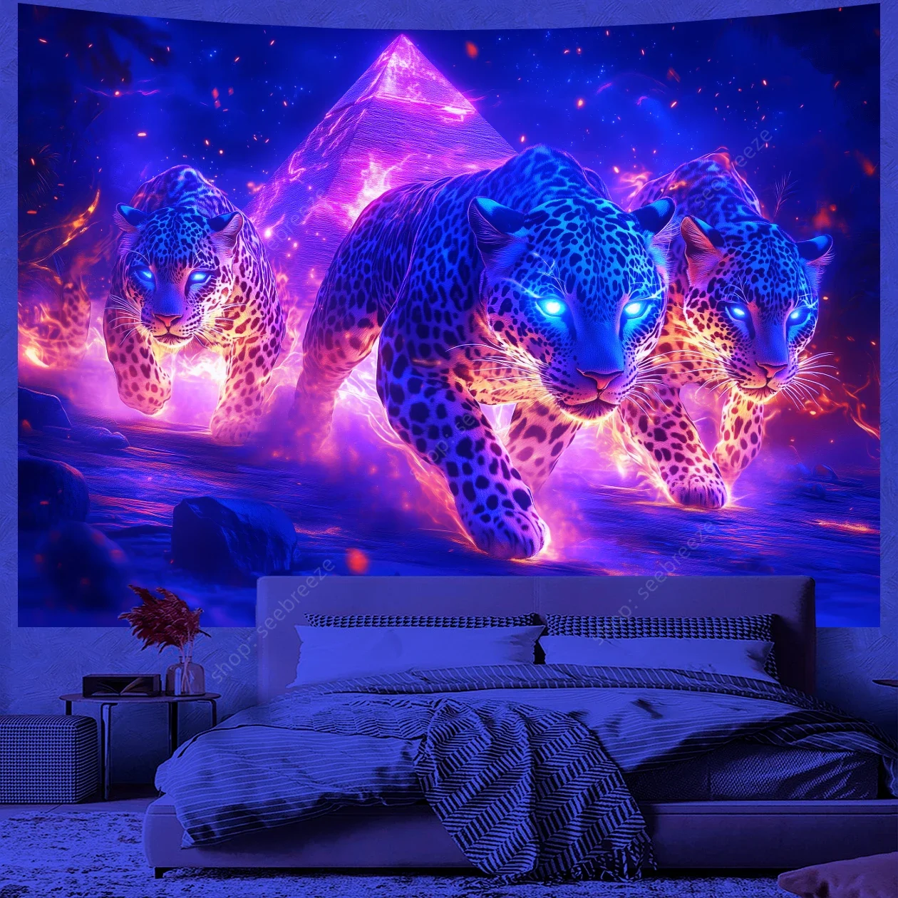 Psychedelic Cheetah UV Reactive Tapestry Egyptian Pyramids Tapestry Wall Hanging for Aesthetic Room Decor Gothic Home Wall Decor