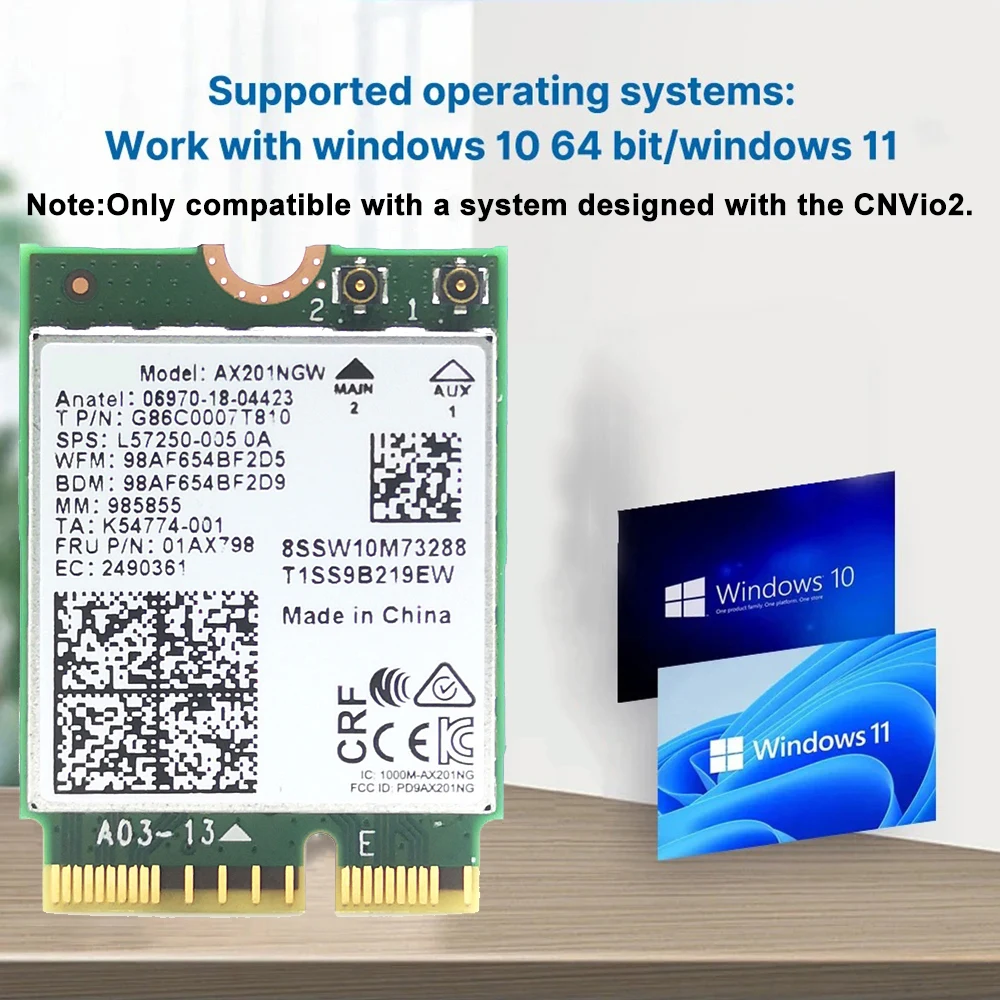 Dual Band 2.4Ghz 5Ghz 3000Mbps WiFi Card Wireless Wi-Fi 6 Adapter AX201NGW Bluetooth 5.1 M.2 NGFF Key E CNVio 2 for Win10