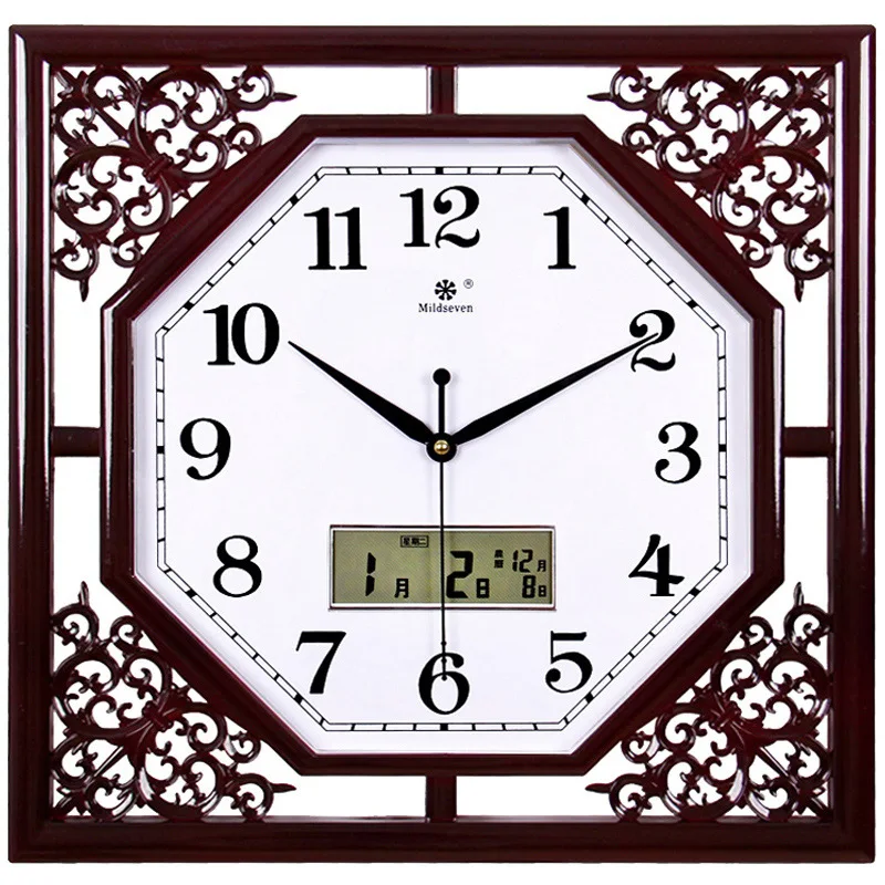 Chinese wind wall clock living room square retro new Chinese electronic quartz watch calendar wall clock