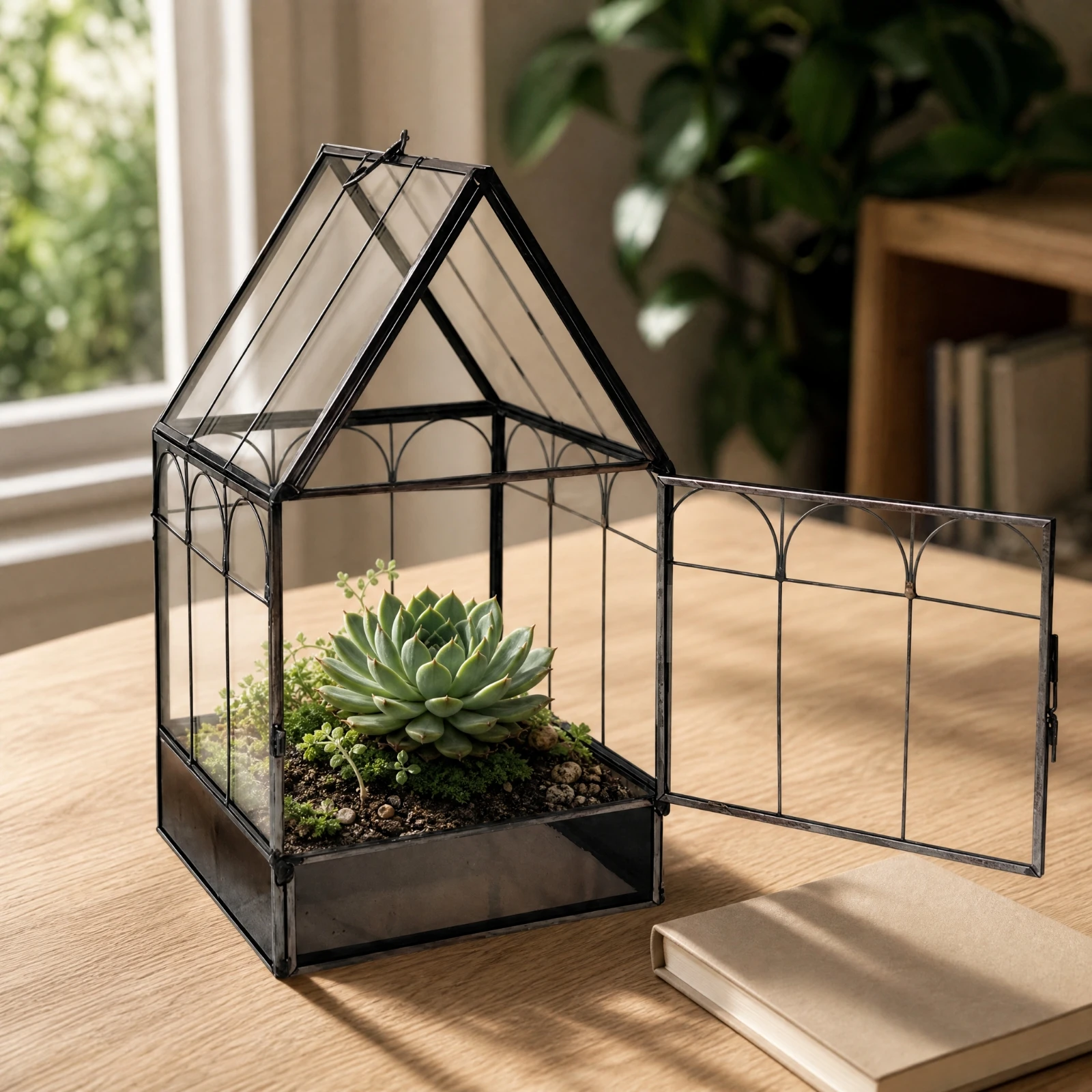Geometric Glass Terrarium House Indoor House-Shaped Glass Terrarium Planter compactCatching for Windowsill, Shelf