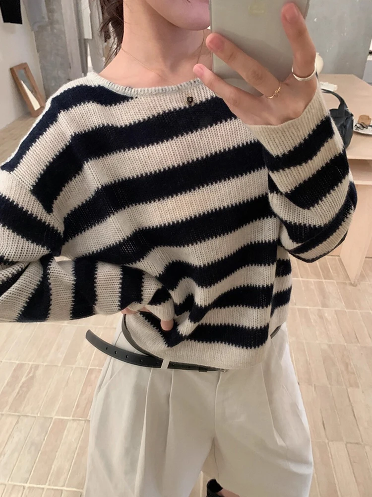 

Chic Autumn New Lazy Sle Women's Knitted Long Sve round Ne Loose Casual Striped Sweater Comfortable Breathable Faion