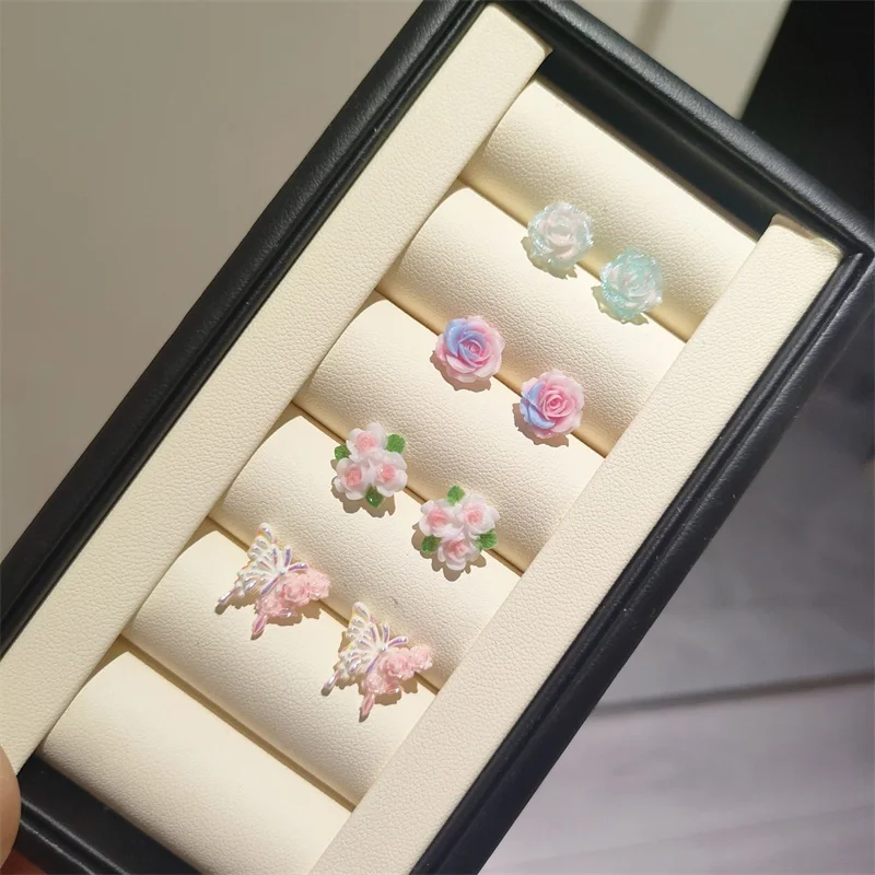 1/4Pair Sweet Flower Butterfly Stud Earrings For Women Girls Cute Mini Resin Earrings Fashion Party Jewelry Accessories Gifts