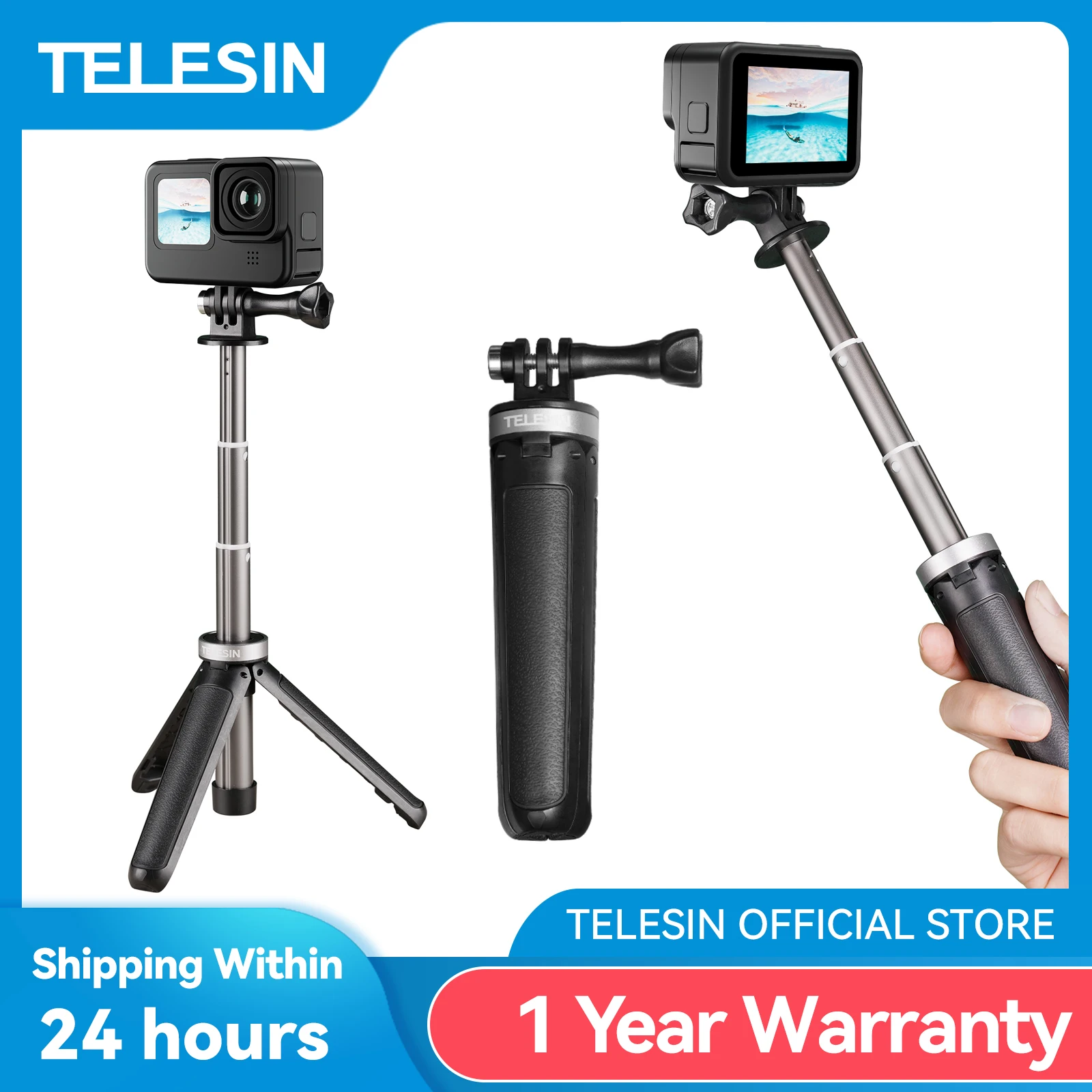 TELESIN-Mini trípode portátil de plástico, palo Selfie, longitud ajustable para GoPro Hero 5, 6, 7, 8, 9, 10, 11, 12, DJI Osmo Action Insta360