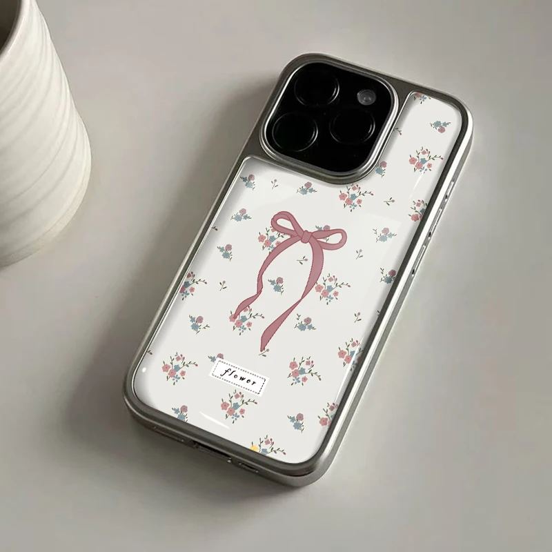 Ins Zarte rosa Blumendrucke, Hydrogel-Rückplatte, silberner Rand, stoßfeste Handyhülle für iPhone 17, 16, 15, 14 Pro Max