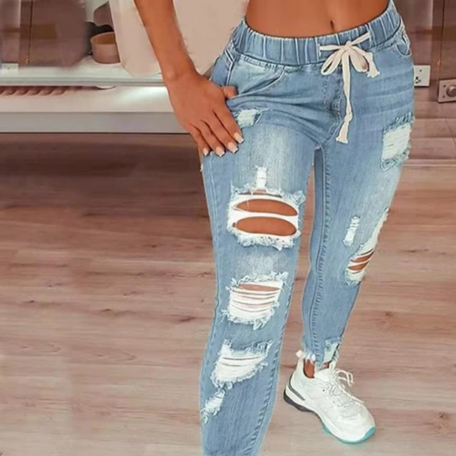 Moda Vintage niebieskie porwane dżinsy damskie w pasie ściągane sznurkiem ołówkowe dżinsy biurowe damskie dziury spodnie z wysokim stanem 30671