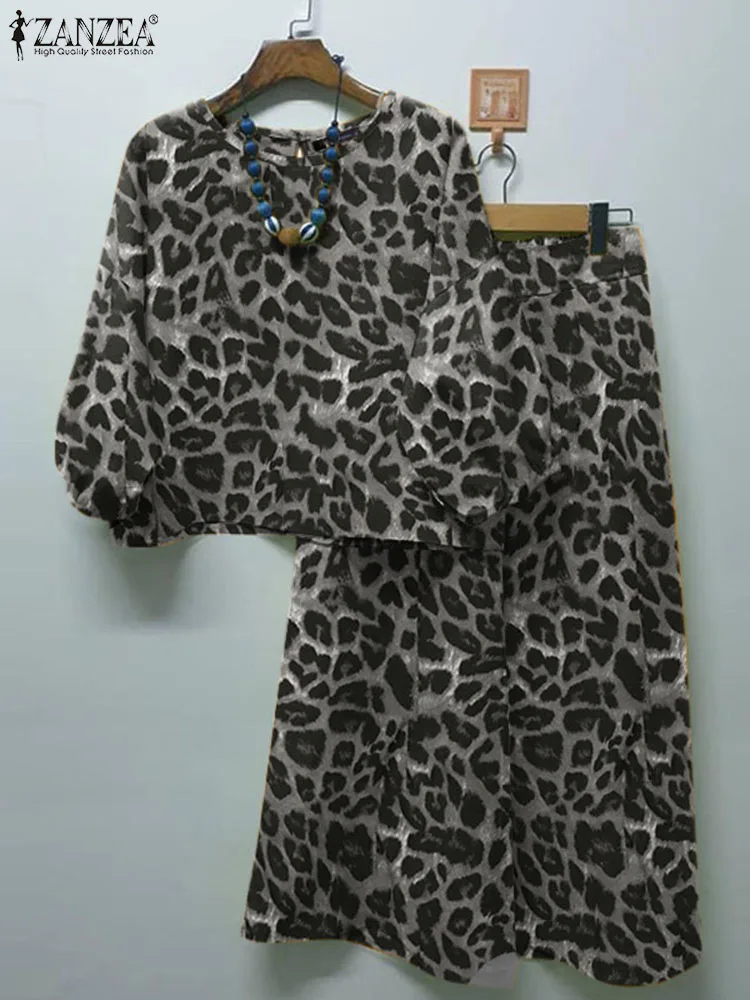 ZANZEA-Conjunto de blusa informal con estampado de leopardo para mujer, traje de fiesta 3/4 de manga, cuello redondo, pantalones de 2 piezas, de