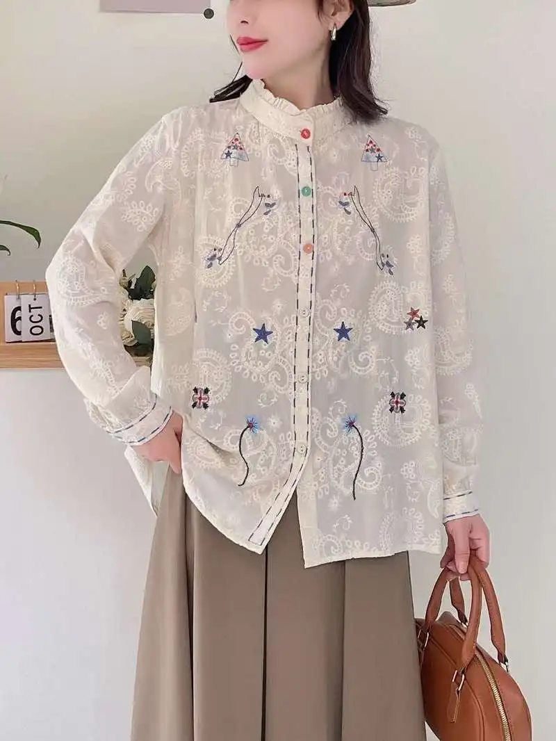 New Summer Cotton Long Sleeve Shirt, Women Stand Embroidery Ruffles Tops, Mori Girl Casual Loose Sweet Blouse, Autumn T48303QC