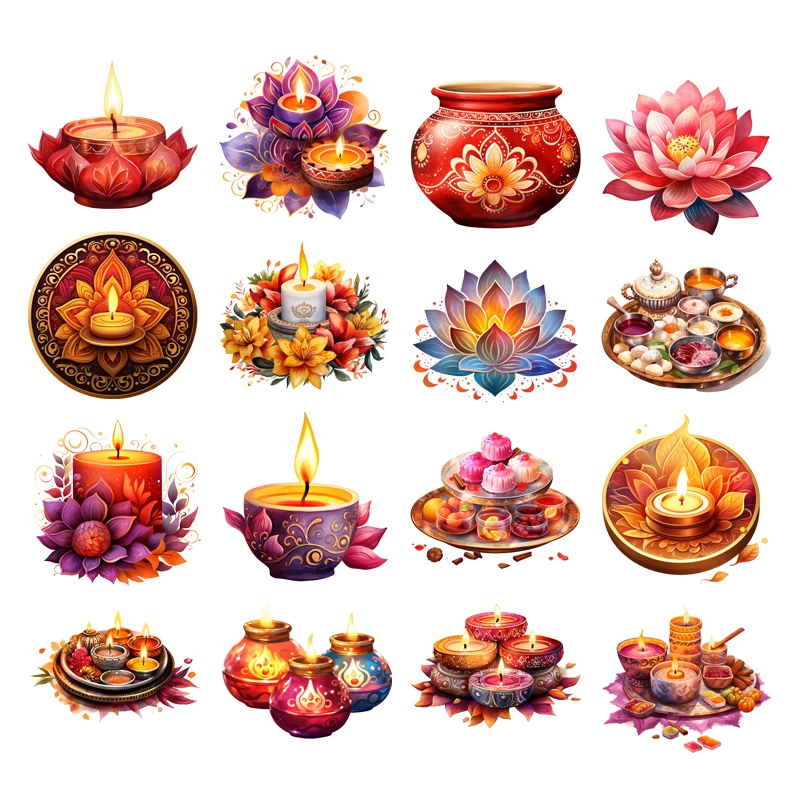 

India Diwali Day Hot Transfer Cloth Sticker Various flower lights Patch Sticker Holiday Dress Up Cartoon lights Hot Transfer
