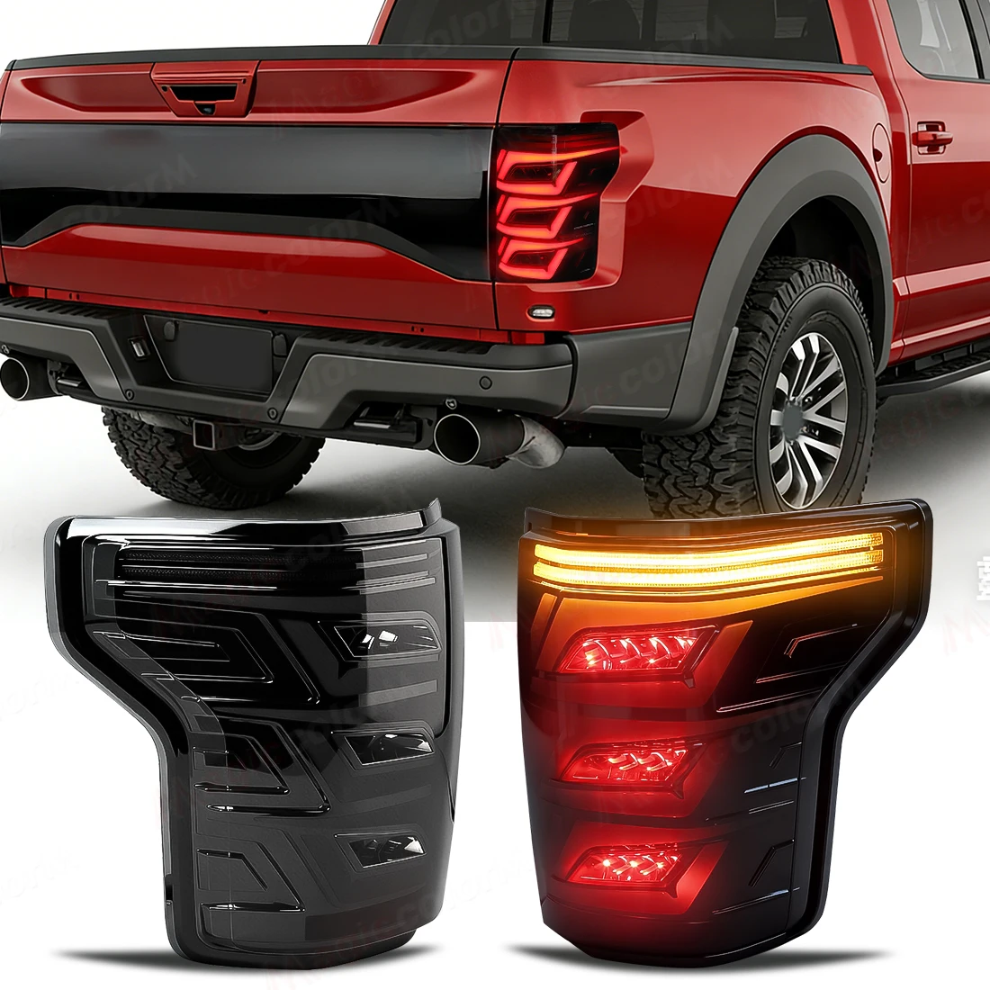 

Задние светодиодные фонари для Ford F150 2015-2019 годов выпуска, с функцией стоп-сигнала, заднего хода, анимацией при запуске и желтым сигналом поворота.