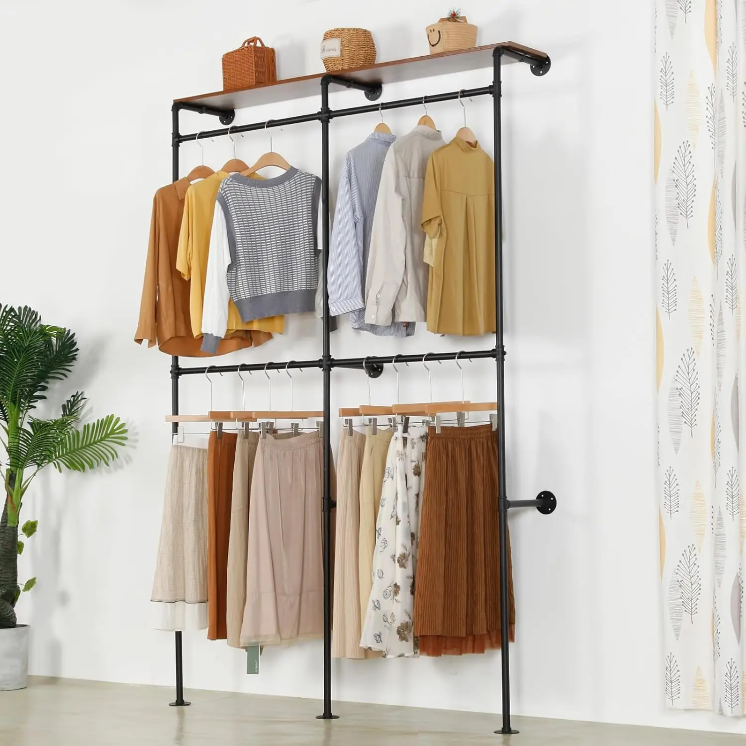 

Garment Rack Heavy Duty Rack, Modern Simple Industrial Pipe Double Hanging Rods Clothing Rack with Shelves, Freestanding