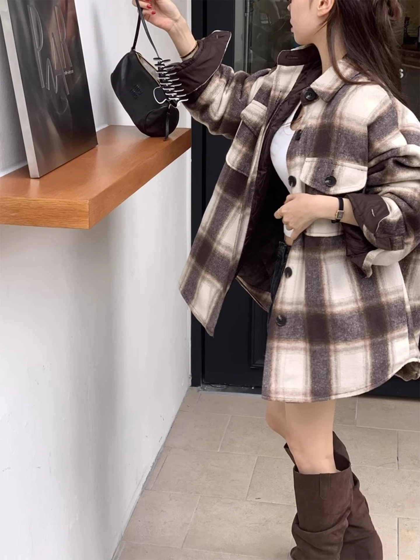 

Retro Versatile Turn-down Collar Color Blo Plaid Thiened Woolen Coat Women's Mid-length Cotton-filled Overcoat