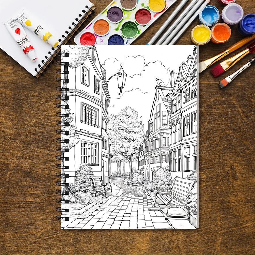 Kolorowanka dla dorosłych Vintage Street Scene - 8,3x 11,2 cala 32-stronna kolorowanka - pomaga zmniejszyć stres i łagodzi emocje