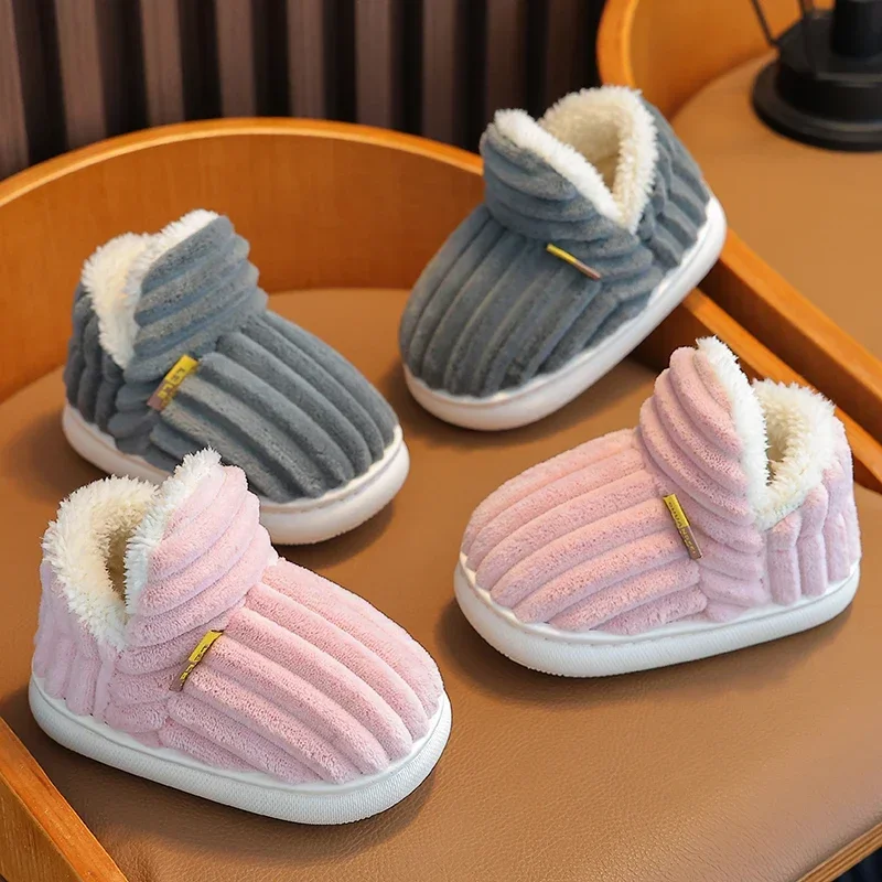 Neue Winter Concise Streifen Plüsch Hausschuhe kinder Nicht-slip Weiche Sohle Kinder Jungen Mädchen Ferse Wrap Warme Hohe hause Baumwolle Schuhe – Detail 4
