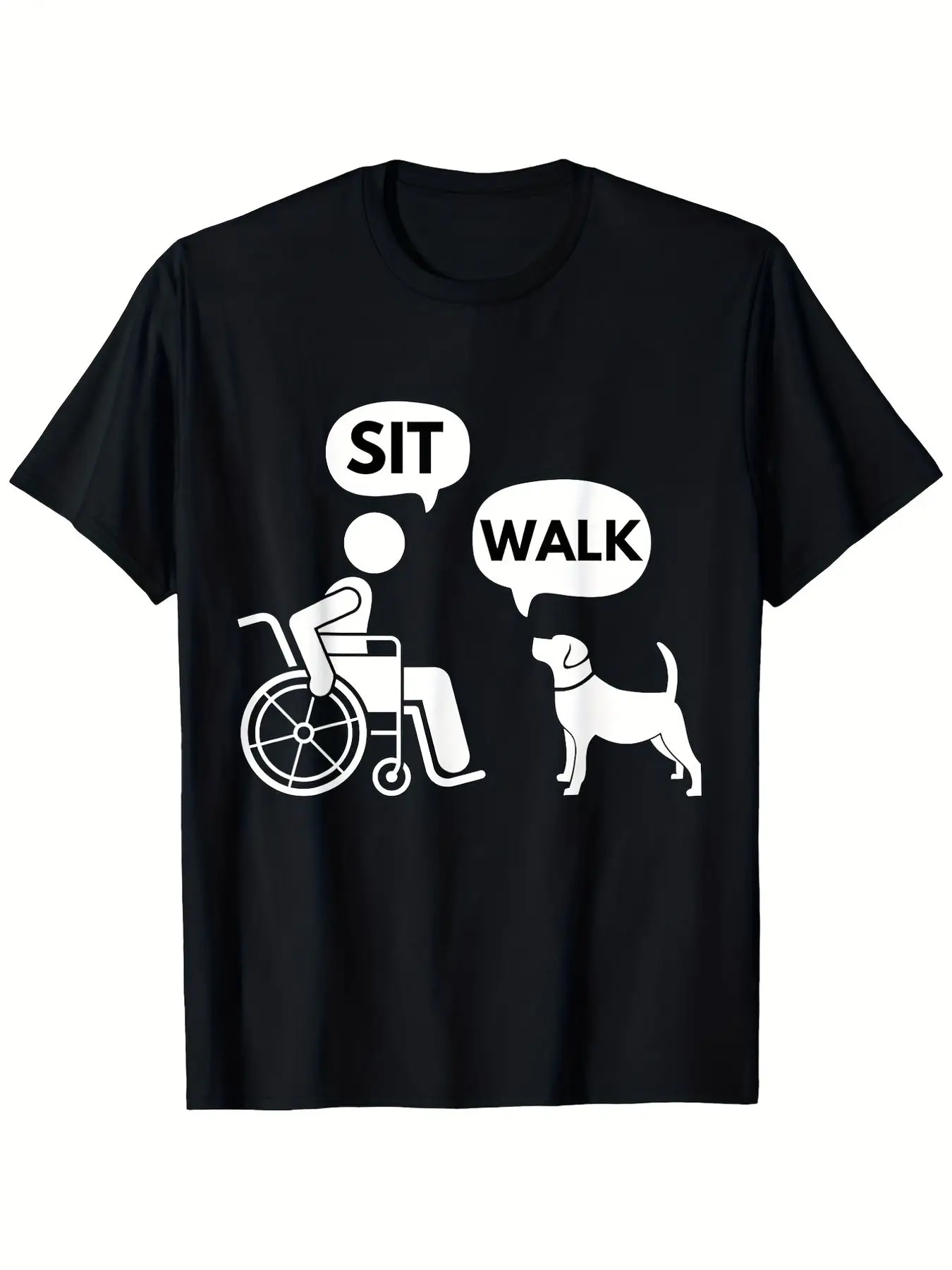 Men's SIT WALK pattern T-shirt in black, white SIT WALK design, wheelchair and service dog prints