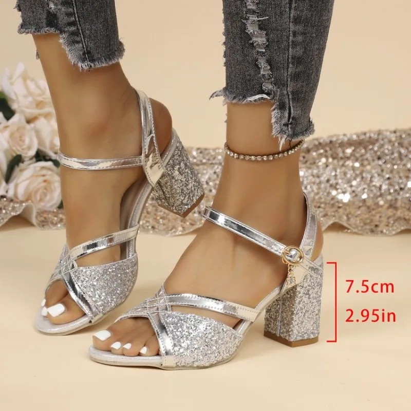 Women Block Heels Sandals Gold Sparkly Cross Strappy Ankle Buckle Open Toe Prom Wedding Party Elegant Dress Shoes Footwear 2026 view 6