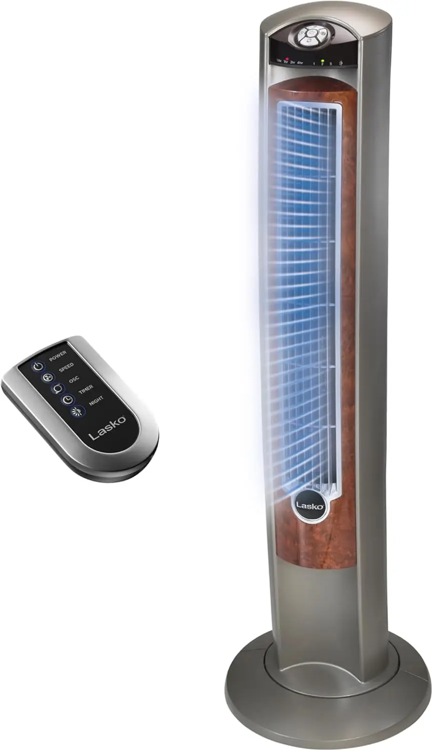 

42" Oscillating Tower Fan with Remote, Quiet Floor Fan for Bedroom in Woodgrain Grey