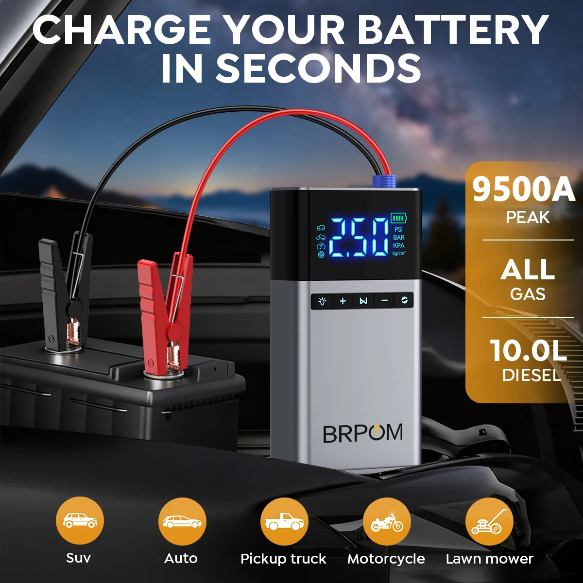 Avviatore di emergenza per auto 9500A PEAK con illuminazione a LED, caricabatterie portatile per auto, power bank, pompa gonfiagomme 150 PSI, compressore d'aria