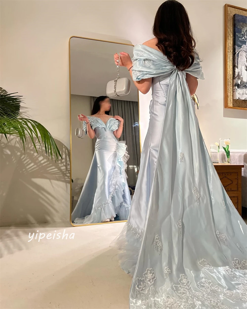 Customized Evening Saudi Arabia Satin Beading Draped Pleat Birthday A-line Off-the-shoulder Bespoke Occasion Gown Long Dresses