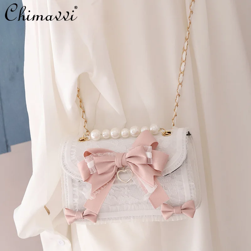 

Lolita Sweet Crossbody Bags Autumn New Japanese Kawaii Big Bow Pearl Beading Square Hand Bags Students Cute Bag for Girls