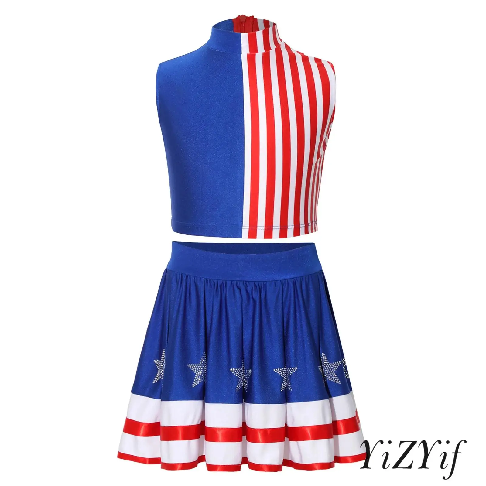 

Kids Girls Cheer Performance Outfit Sleeveless Back Invisible Zipper Striped Color Block Crop Top with Rhinestone Star Skirt
