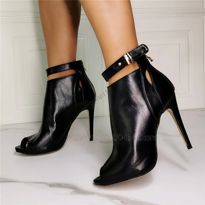 

Black Matte Leather Metal Decor Peep Toe Ankle Boots Back Zipper Women Shoes Thin High Heel New Fashion 2023 Zapatos Para Mujere