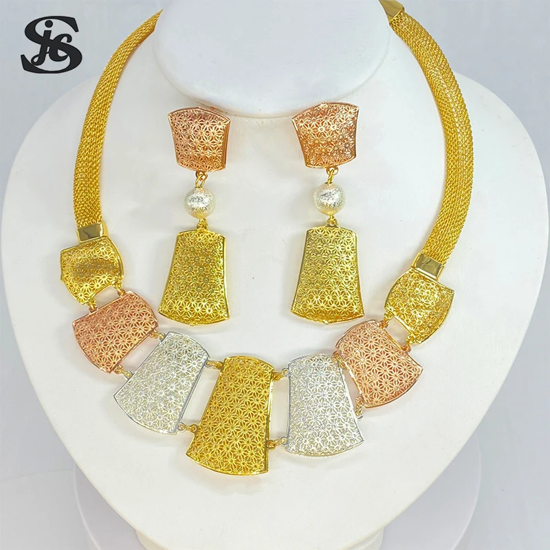 

Dubai Hot Selling Fashion Jewelry Set Multicolor Plated Big Necklace Earrings For Womend Wedding Party Anniversary Gift