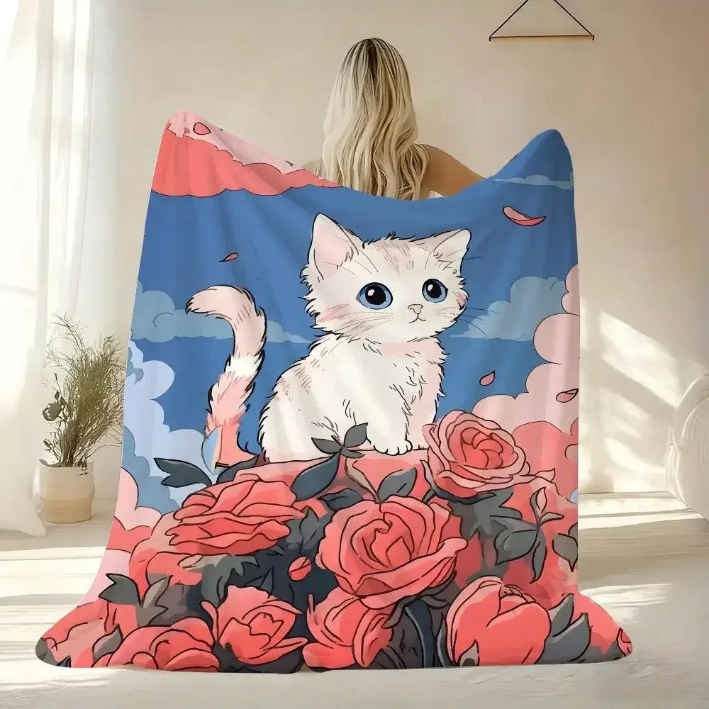 Cute Cat Floral Print Throw Blanket Cozy Plush Bedspread for Sofa Couch Decor Gift dorm room essential blanket