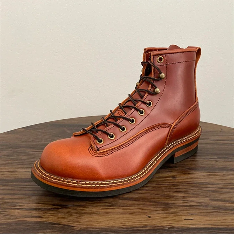 Vintage British Men Ankle Boots Handmade High Quality Cow Leather Shoes Tooling Round Toe Motorcycle Boots Autumn Winter Work