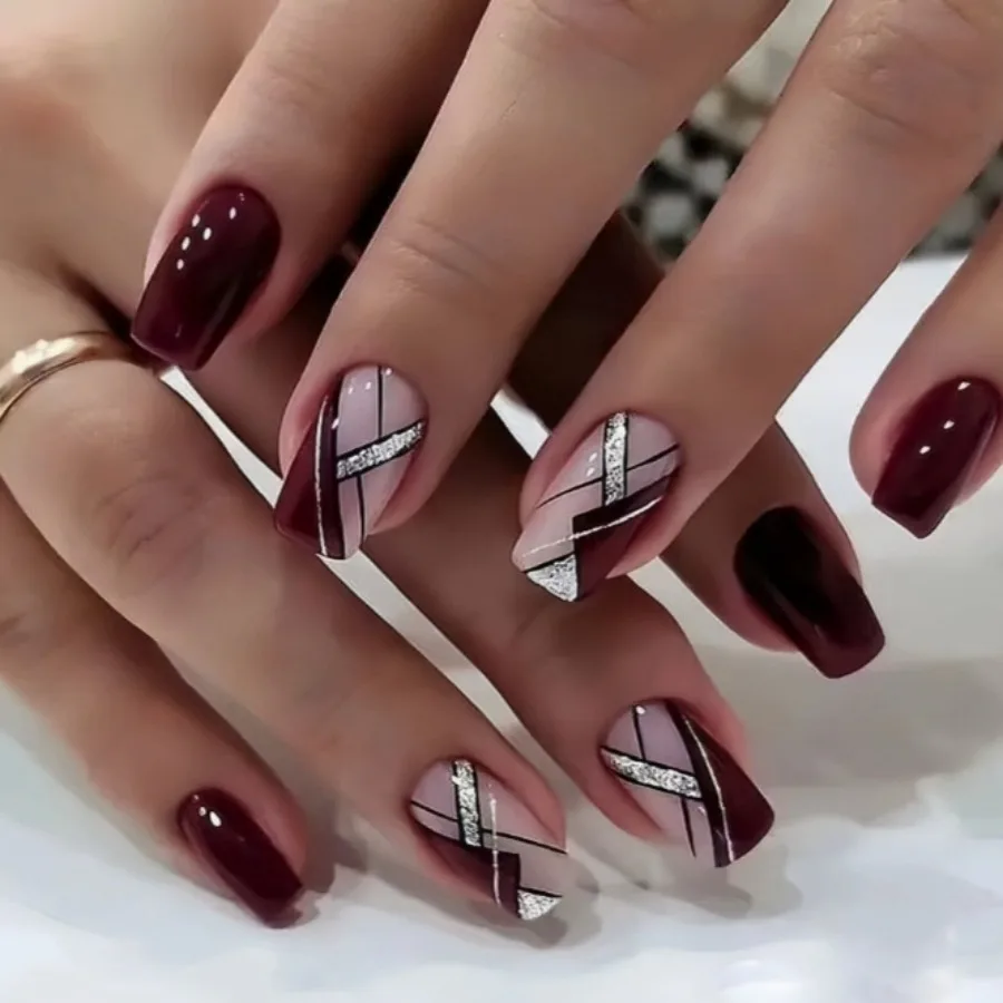 

24 pieces wearable nail patch manicure wear burgundy line fake nail extension removable nail