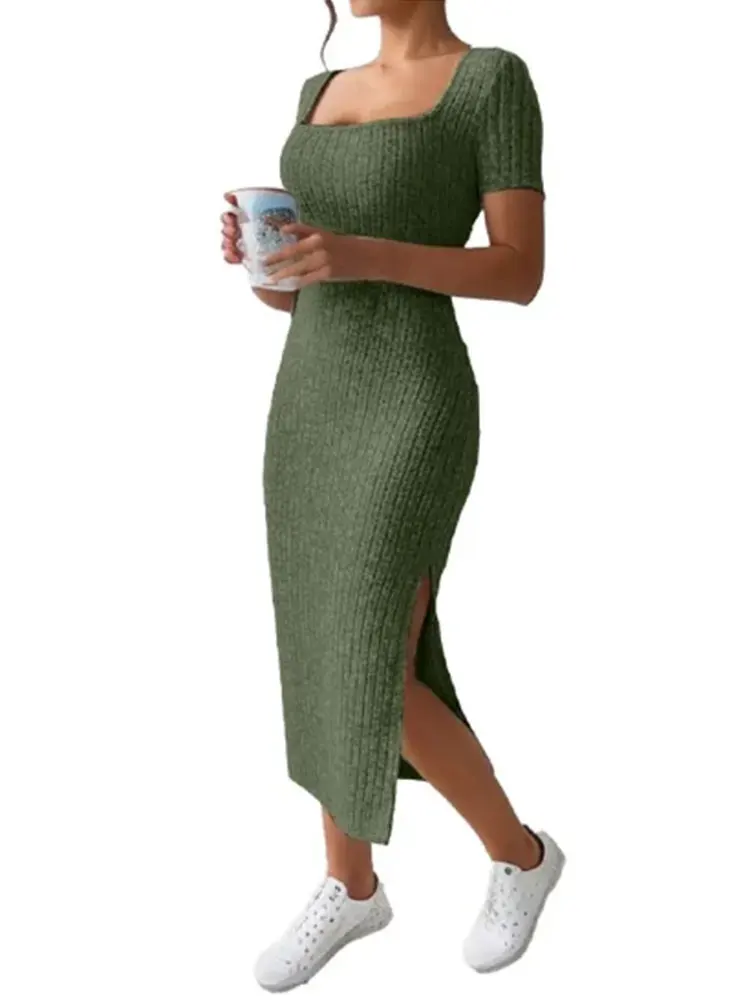 Summer Square Neck, Hip-Hugging Mid-Length Skirt, Short-Sleeved, Versatile Knitted Slit Dress image 4