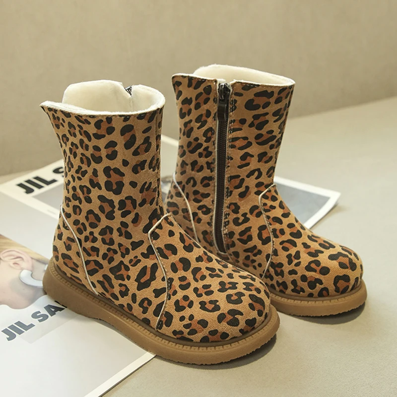 

Winter Girls Fashion Middle Calf Princess Snow Boots Toddler Children Boys Leopard Warm Fur Soft Sole Warm Casual Baby Shoes