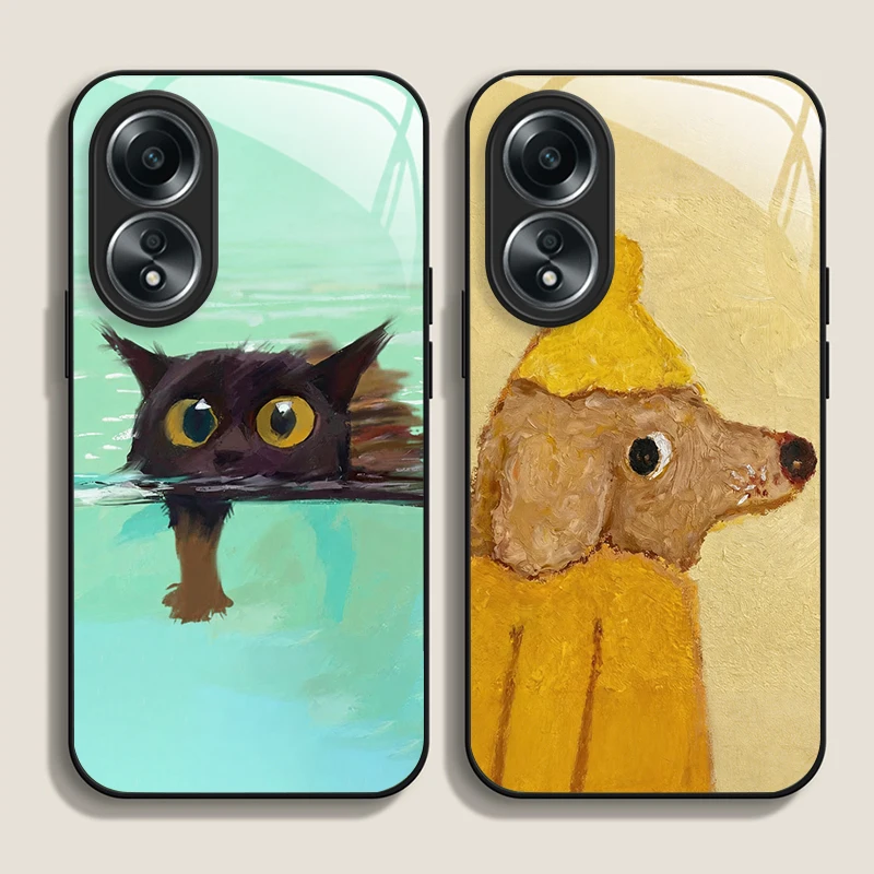 Oil Painting Yellow Dog Black Cat Tempered Glass Phone Case for OPPO Realme 14 13 12 11 10 Pro Plus GT Neo 3 2 X7 Pro Back Cover