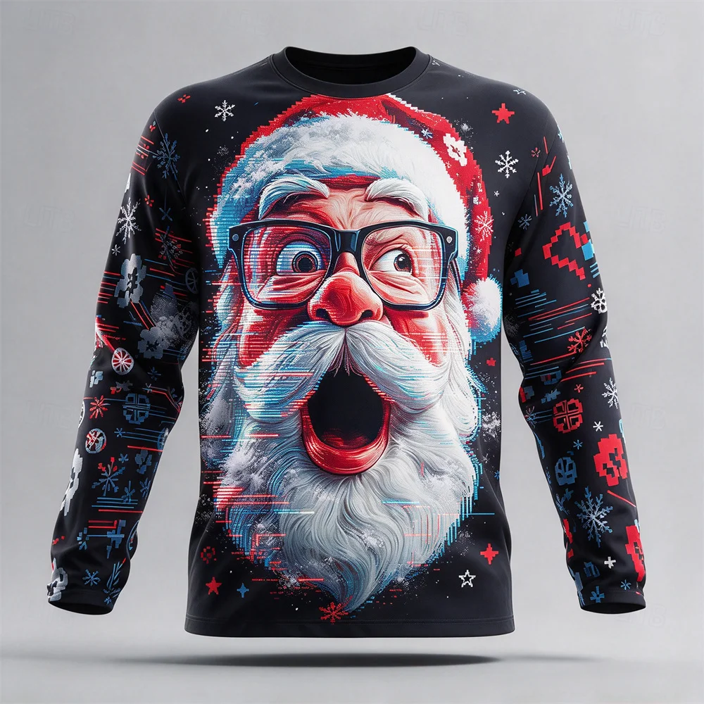 Winter Men Ugly Christmas Long Sleeve T-shirt Full Print Santa Pattern Soft Cotton Tee Xmas Party Costume Holiday Gifts For Male