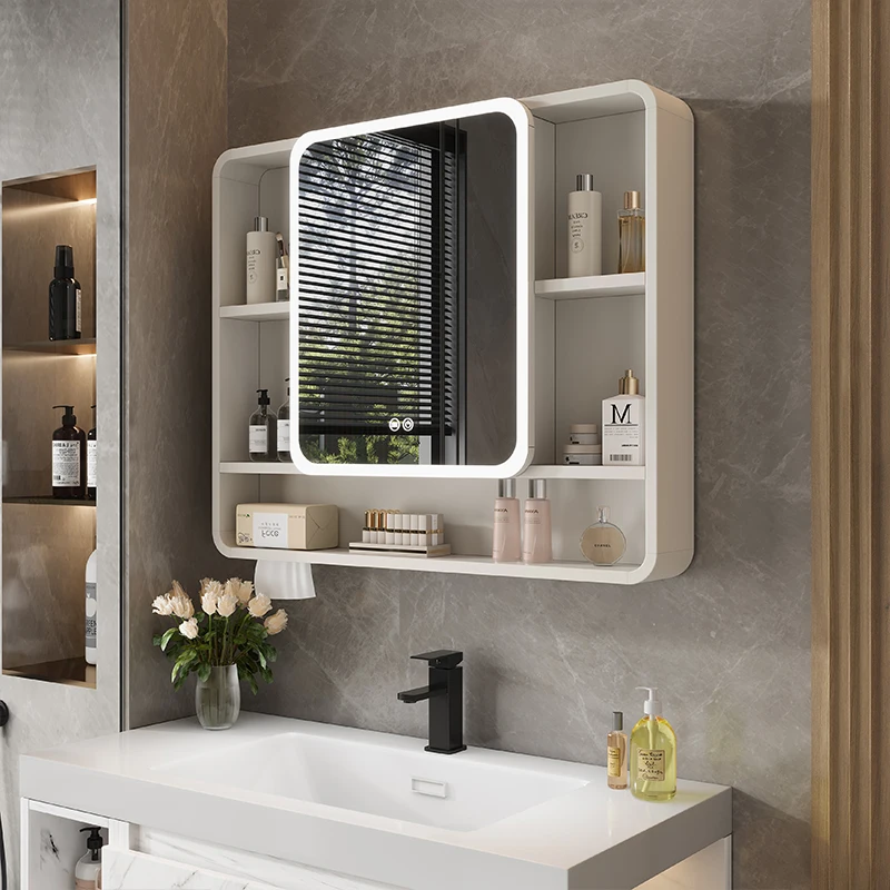 Space Aluminum Smart Bathroom Cabinets Wall-mounted Nordic Storage with Lamp Mirror Cabinets Home Furniture Mueble Lavabo FYBC